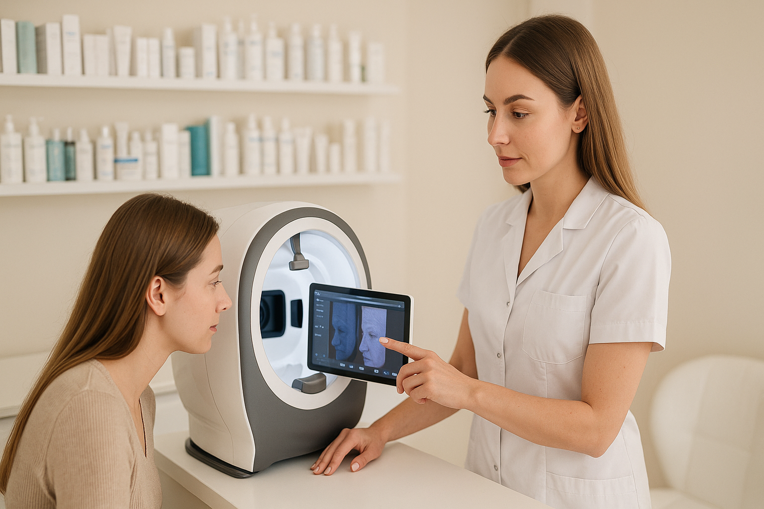 Kosmetolog analizuje skórę klientki w gabinecie Afrodyta w Górze Kalwarii